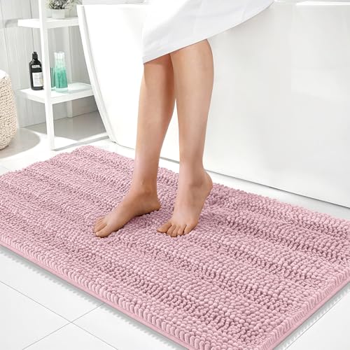 Image of OLANLY Thick Bathroom Runner Rugs 44x24, Extra Absorbent Chenille Striped Bath Rugs, Rubber Backing, Machine Wash Dry, Long Bath Mats for Bathroom, Tub and Shower, Home Decor Accessories, Dusty Rose