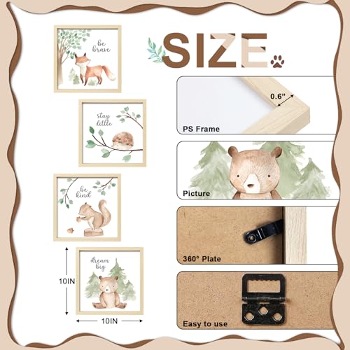 ArtbyHannah Framed Woodland Nursery Wall Decor, 10x10 Inch Cute Baby Safari Wall Art, Green Kids Art Frame with Forest Animals Prints for Playroom Classroom Bathroom Baby Shower Decoration(4 Pack) - Image 5