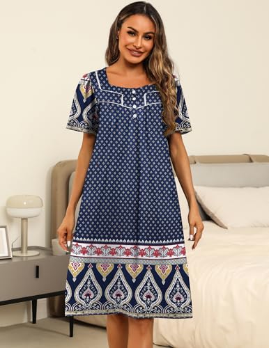 Image of Ekouaer Women's House Dress with Pocket Button Mumus | Short Sleeve Nightgown, Floral Print Mumu Dresses, Square Casual Sleepwear, Boho Roomy Housecoat, Plus Size Soft Sleepwear