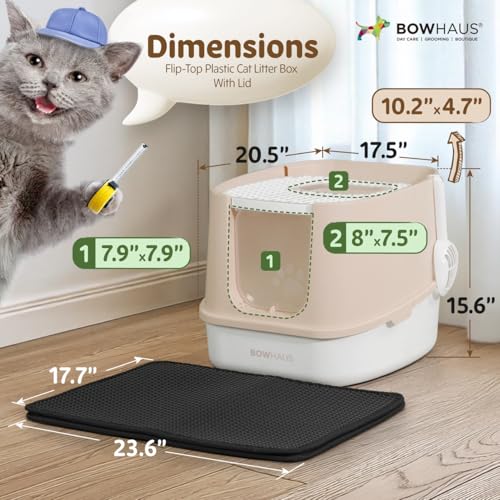 BOWHAUS Fully Enclosed Cat Litter Box w/Lid, Scoop, Litter Mat & Odor Fitter, Large Plastic Cat Toilet with Double Door, Anti-Splashing Gato Litter Box with Lockable Front Door, Beige/Pink
