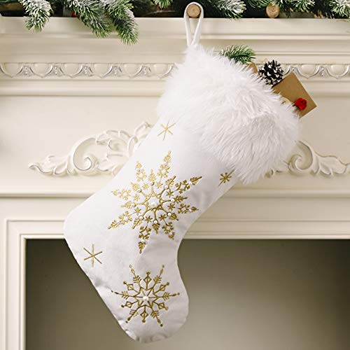 Comfy Hour 11" Polyester Snowflake With Gold Soft Velvet Embroidery Stocking For Christmas Decoration, White, Winter Holiday Collection #TOP1