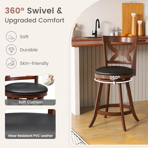 COSTWAY Butaco Set de 2, Sillas giratorias de 24 pulgadas con cojín suave y respaldo hueco elegante, reposapiés de madera de caucho, taburetes giratorios tapizados para isla de cocina, pub, café miniatura 4