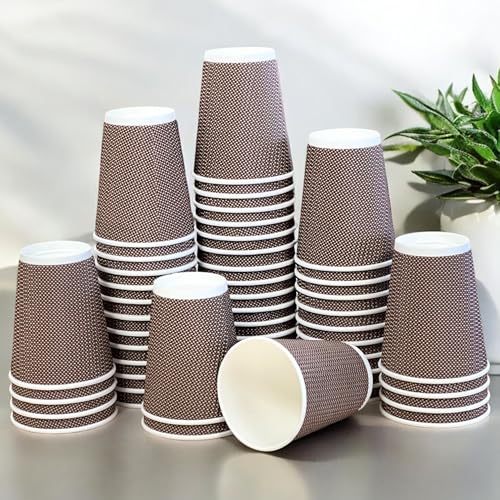 HOT BARGAINS 12oz Disposable Coffee Cups, 230ml Triple Layered Kraft Paper Cups, Brown and White Ripple Design, 200 Count