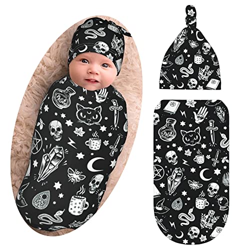 Image of Goth Baby Stuff Gothic Halloween Swaddle Blankets with Hat Sets Soft Baby Receiving Blanket New Born Soft Sleep Sacks for Infant Boys Girls 0-6M-3