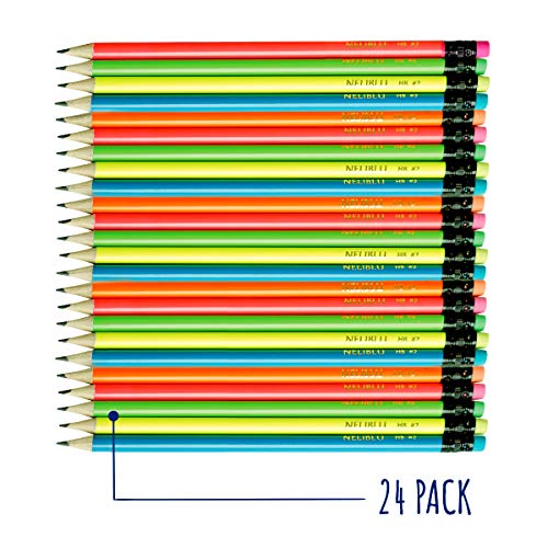 Neliblu Cool Neon Pencils - Number 2 HB Pre-Sharpened Non-Toxic Wood Pencils for Kids and Adults with Latex Free Erasers - 24 Pack of Assorted Colorful Pencils - Thumbnail 3