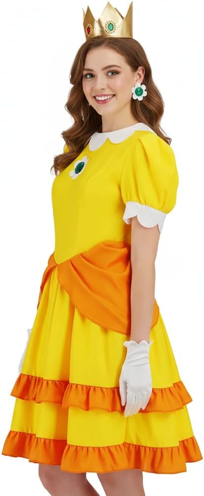 Princess Rosalina Costume Adult Princess Daisy Dress for Women Halloween Cosplay Dress with Crown Earrings Gloves