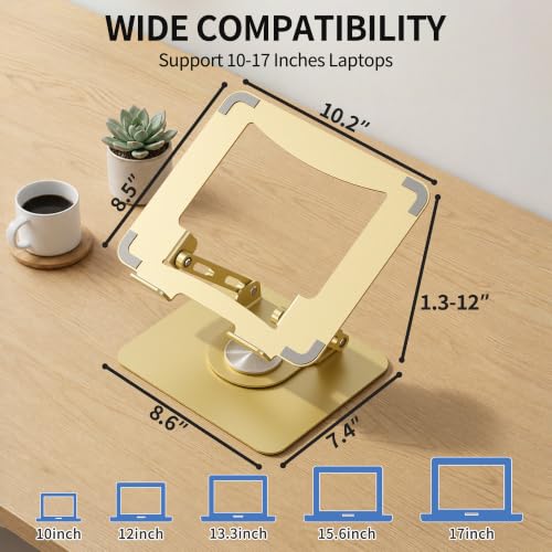 Image of SOUNDANCE 360 Rotating Laptop Stand, Ergonomic Computer Riser for Desk, Adjustable Height Multi-Angle Metal Holder, Foldable Portable Notebook Elevating Base for Office & Home, Gold