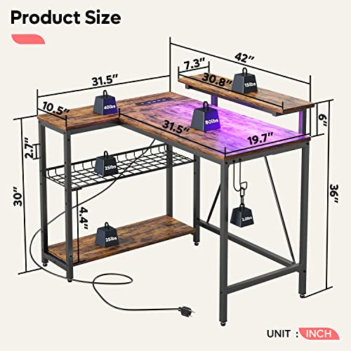 Bestier Small L Shaped Desk With Charging Port & Led Strip,Modern Computer Desk With Reversible Storage Shelves,Corner Desk With Hooks For Bedroom Office Studio Workstation,Rustic Brown #TOP2