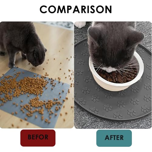 Napfunterlage Katzen, 27×27 cm Silikonmatte Rund, rutschfeste Unterlage Hundenapf für Futter, Wasserdicht Silikon-Futtermatten für Mittlere und Kleine Haustiere (1Pack Grau, 27cm x 27cm)