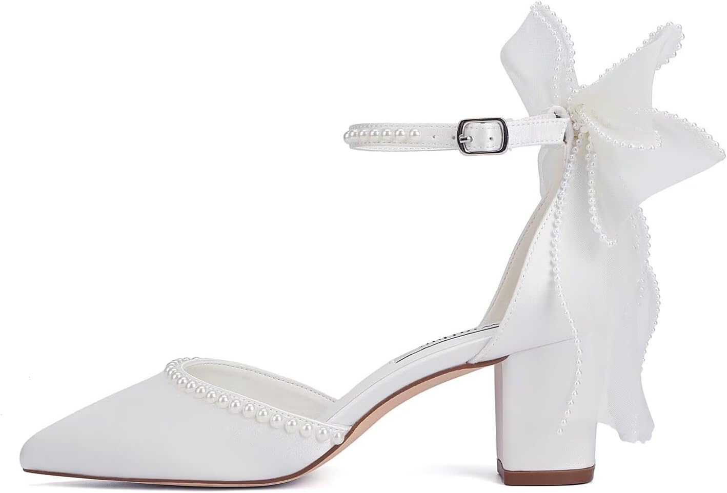 Block Heel Wedding Shoes for Bride Closed Toe Wedding Heels with Bow Pearl Bridal Shoes - Image 3