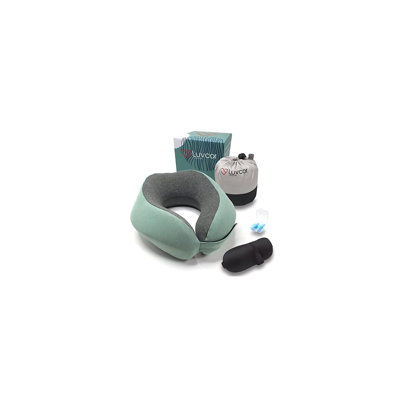Luvcor Premium Quality Memory Foam Travel Neck Pillow Bundle Best Ergonomic Pillow for Airplane Travel car Ride Sleeping Comes with Eye mask earplugs and Storage Bag Imperial Green
