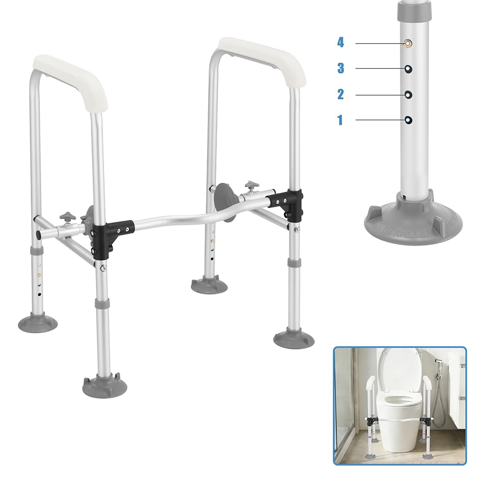 BAKAJI Barre di Sicurezza per WC in Alluminio per Anziani, Disabili e Persone con Mobilità Ridotta, Maniglie di Assistenza Antiscivolo, Corrimano Portatile con Altezza Regolabile 64,5-71,5 cm