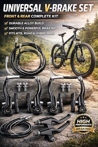 Image of Universal Bicycle V-Brake Set Front & Rear - Alloy Rim Brake Kit with Levers, Cables & Pads | Complete Mechanical Cycle Brake Replacement for MTB, Road & Hybrid Bikes (Black)