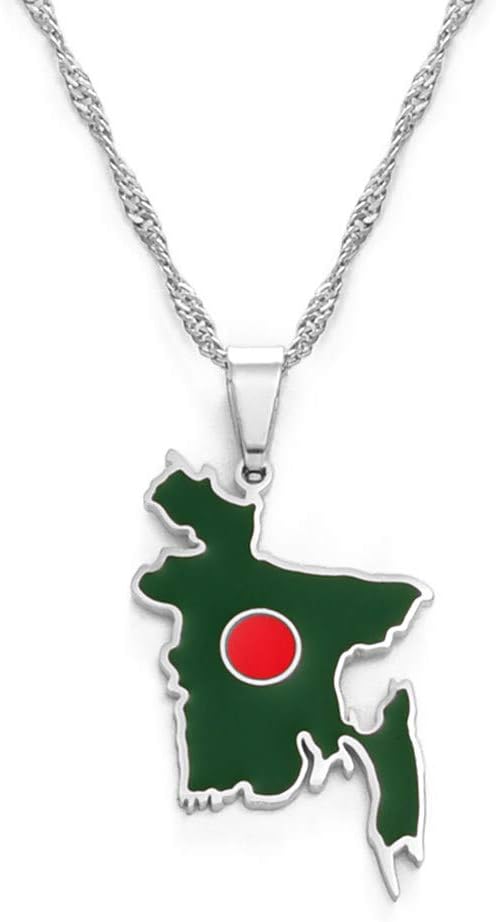 ZWINNER Chic Bangladesh Map Flag Pendant Necklace- Ethnic Hip Hop Country Map Necklace with Clavicle Chain for Women Men, Charm Jewelry Gift,45Cm