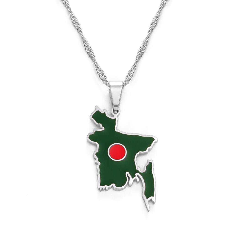 ZWINNER Chic Bangladesh Map Flag Pendant Necklace- Ethnic Hip Hop Country Map Necklace with Clavicle Chain for Women Men, Charm Jewelry Gift,45Cm