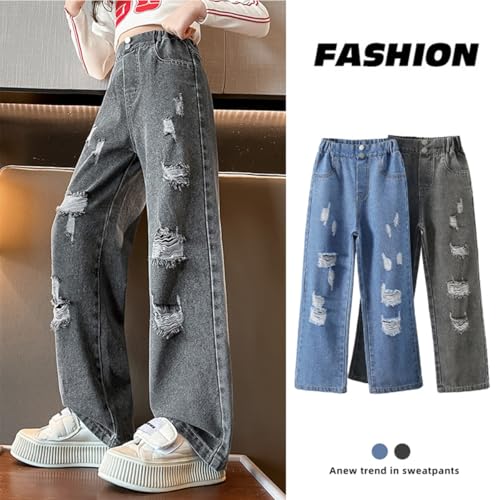 Girls Ripped Wide Leg Jeans Denim Elastic Baggy Kids Button Jeans Casual Pocket Pants Age 5-143