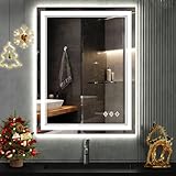 VanPokins LED Bathroom Mirror, 24x32 Inch Gradient Front and Backlit LED Mirror for Bathroom, 3 Colors Dimmable CRI90 Double Lights, IP54 Enhanced Anti-Fog, Hanging Plates Vanity Mirror with Lights