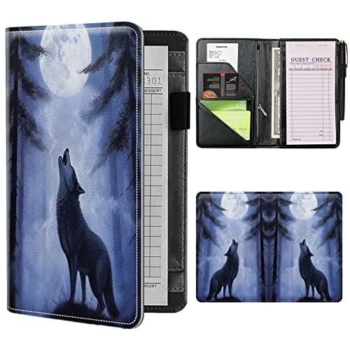 Server Books for Waitress Waiter with Zipper Pocket, Full Moon Wolf Night Leather Server Pads Waitstaff Organizer Guest Check Presenters Server Wallet Money Holder Pouch Fit Apron