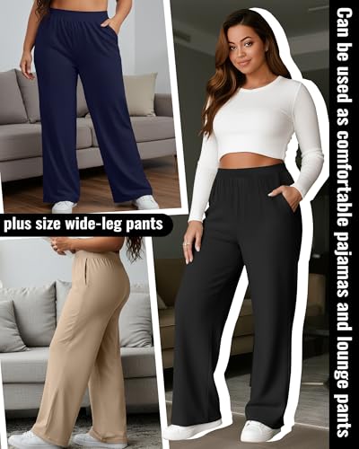 Huukeay 3 Pack Women's Plus Size Pants, High Waisted Wide Leg Pants Casual Pajamas Pants Loose Yoga Sweatpants with Pockets2