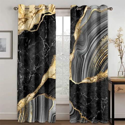 IKDZCM Tende oscuranti di lusso Arte astratta Marmo Nero Oro 2 pezzi Tenda da finestra per la casa Soggiorno Camera da letto Decorazione WxH/2x107x260cm