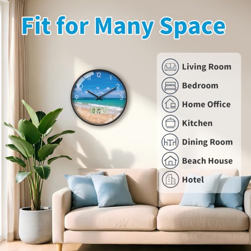 Image of 12'' Coastal Beach Wall Clock, Analog Clock with Digital Display | Silent Non-Ticking, Battery Operated, Shows Date Day & Temperature, Decorative for Living Room, Bedroom, Kitchen, Office