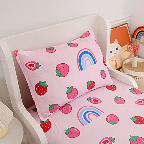 Kwlover 2Pc Soft Bed Fitted Sheet And Pillowcases Set,Pink Strawberry And Rainbow Printed Sheets For Kids Twin Size Bed #TOP1