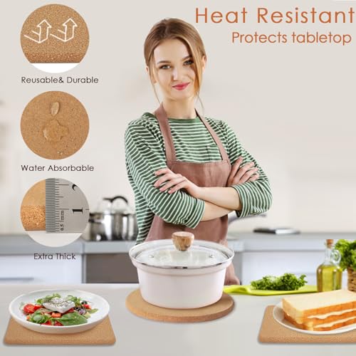 Image of Cork Trivet Set - High Density Thick Cork Trivets for Hot Dishes, 8 Inch Heat Resistant Coaster, Placemats for Pots and Pans, 2 Round & 2 Square