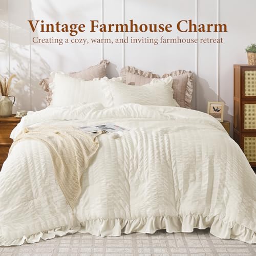 Image of JOLLYVOGUE Oversized Queen Comforter Set, 3 Pieces Ivory Seersucker Comforters, Lightweight & Fluffy Bedding Sets for All Season with 1 Ruffle Comforter and 2 Ruffle Pillowshams