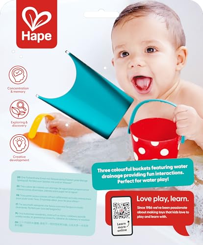 Hape Buntes Eimer Set – 3-teiliges Badespielzeug, Bunte Wassereimer mit Ablauf-System, Motorik und Hand-Augen-Koordination im Bad, BPA-frei, ab 12 Monaten