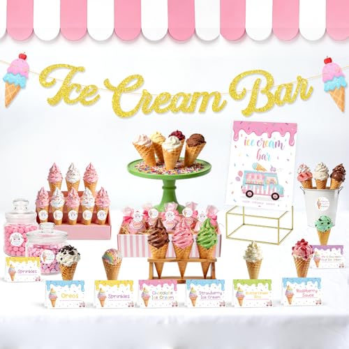 Ice Cream Party Decorations Set, Ice Cream Bar Banner with Table Signs & Topping Labels, Sundae Bar Decor Kit for Birthday, Summer Dessert Table, Kids Ice Cream Social Supplies