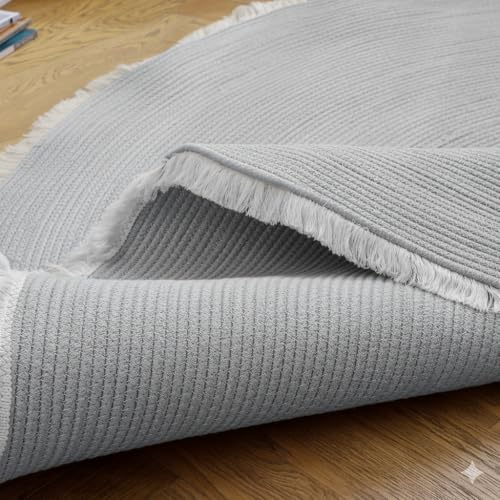 Image of Cotton Round Carpet 3x3 feet - Handmade Braided Boho Rug for Living Room, Bedroom & Balcony - Soft Washable Floor Mat, Color -Grey
