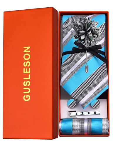 Image of GUSLESON Men's 5-pc Striped Tie Gift Set - Jacquard Necktie, Pocket Square, Cufflinks, Lapel Pin, Tie Clip - Wedding Formal Gifts