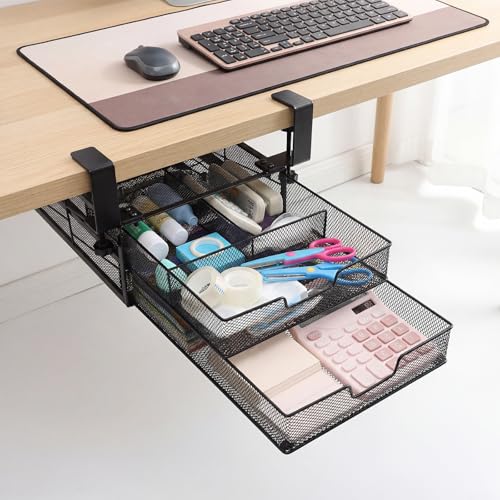 Cedilis Under Desk Drawer Organizer Slide Out, 2-Tier Metal Under