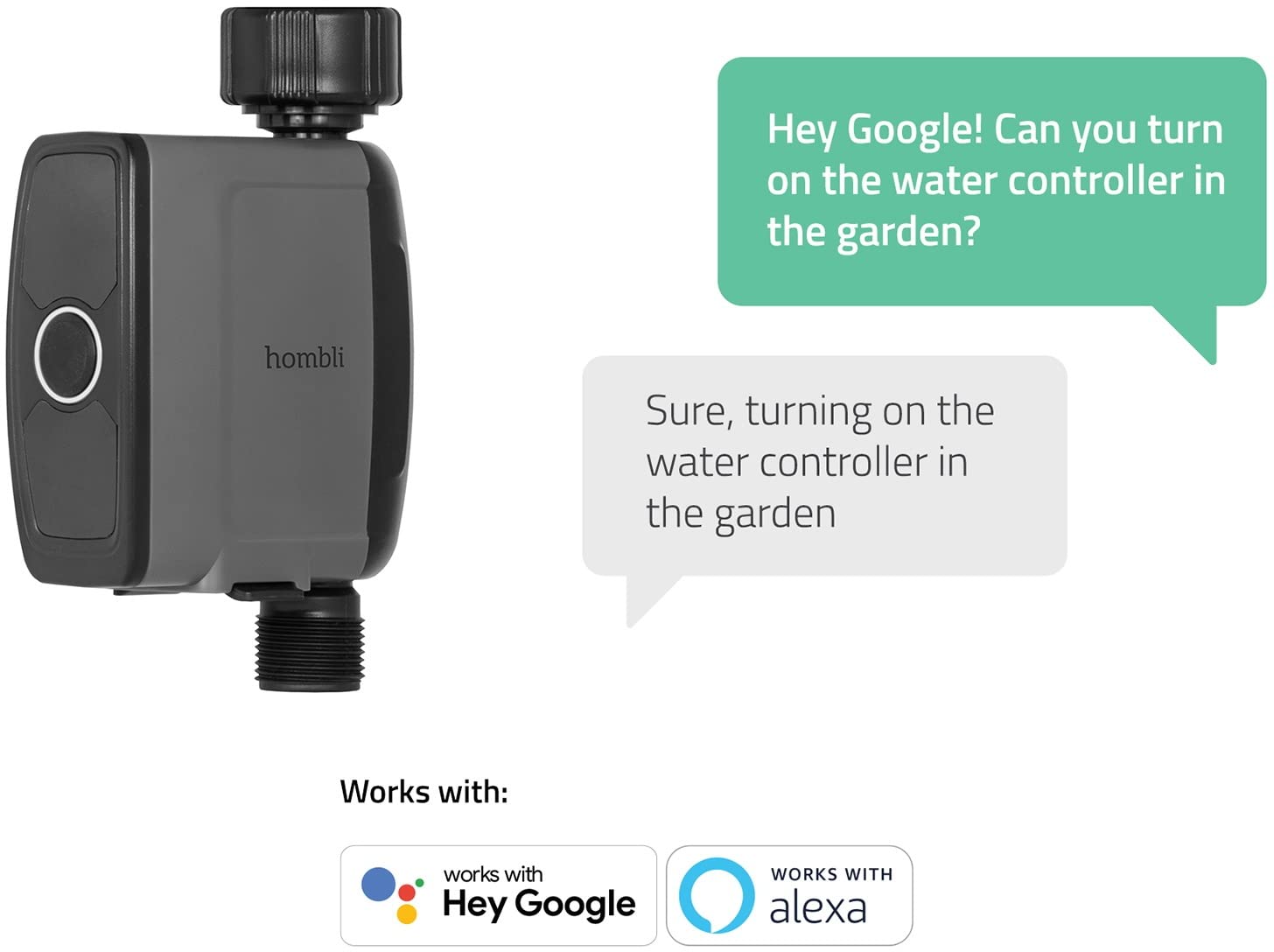 Hombli Smart Water Controller with voice assistant interaction example