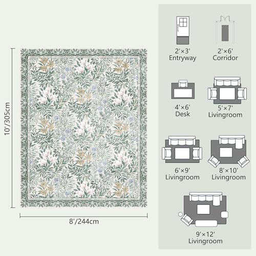 Image of Botanical Floral Area Rug 8x10 Light Green Cream Vintage Garden Design, Perfect for Living Room, Bedroom, Kids Room, Nursery - Stain & Water Resistant Non-Slip, Pet & Child Friendly Area Rugs