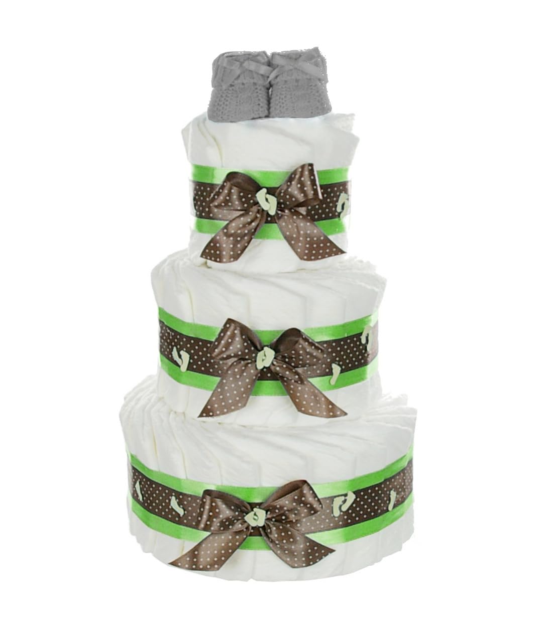 Große Windeltorte mit Babybooties grün neutral / 59-teilig / 3-stöckig