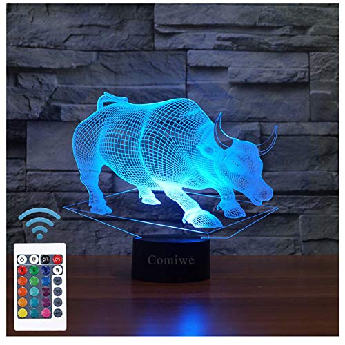 Comiwe Byk iluzoryczna lampka nocna 3D, dekoracja, lampka nocna LED, 16 kolorów, z pilotem zdalnego sterowania, dekoracja bożonarodzeniowa, prezent urodzinowy, dla dziewcząt, chłopców, dzieci i