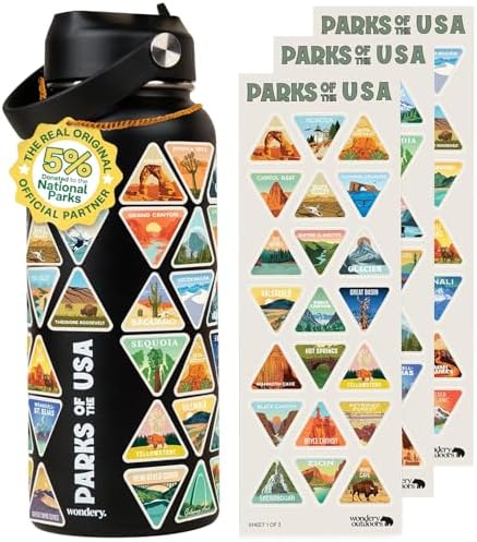 Wondery Parks of the USA® Water Bottle With 63 Waterproof Stickers of Parks (USA), 32 oz Stainless Steel Water Bottle for Traveling, Hiking, Camping, National Park Gifts- BLACK
