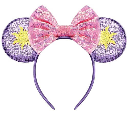 YUNISS Sparkle Mouse Ears Headband for Women & Girls Princess Costume Cosplay Lightweight Cartoon Ear Headbands for Halloween Christmas Party Decoration (TG-Purple sun)