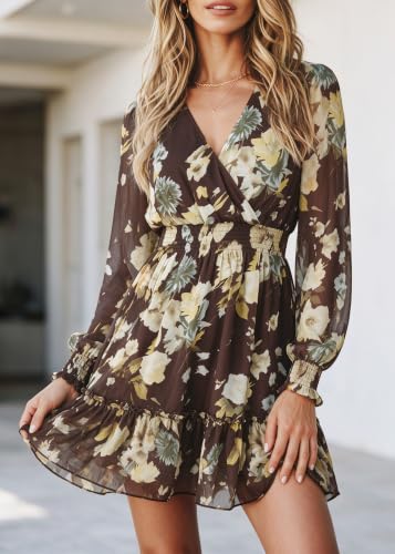 Image of Prettywear Women's Chiffon Long Sleeve Wrap Neck Wedding Guest Mini Dress