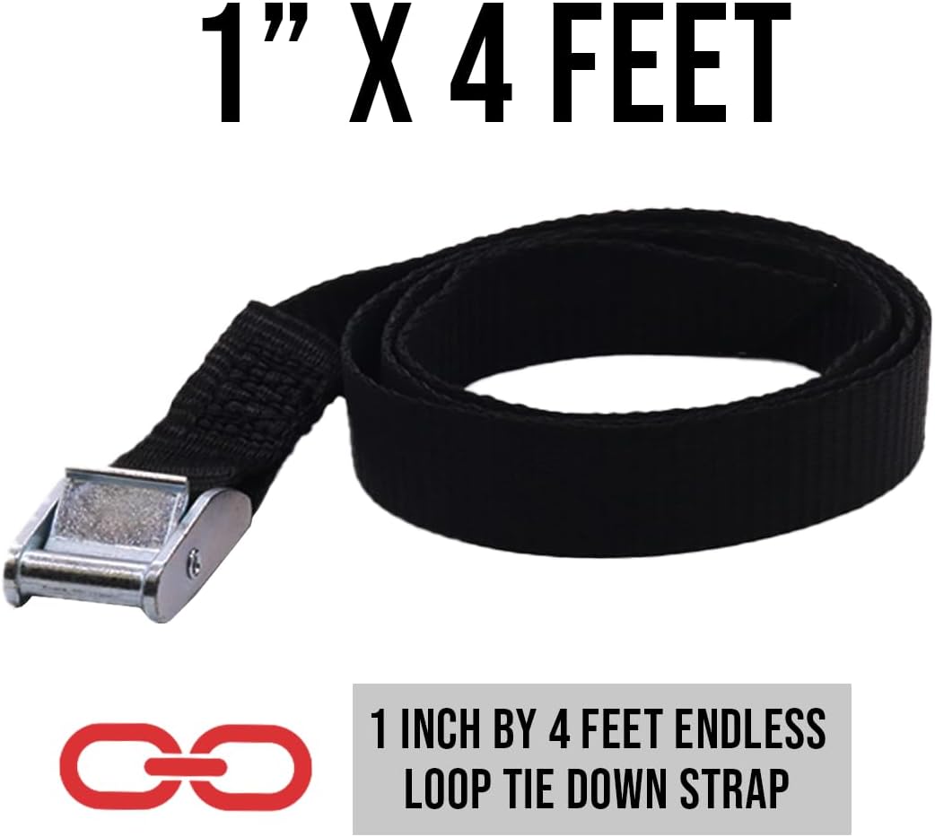 BoxerTool (1" x 4') Lashing Straps w/Adjustable Cam Buckle Tie Down Cinch Strap for Packing Black 4 Pack - 1,100lbs