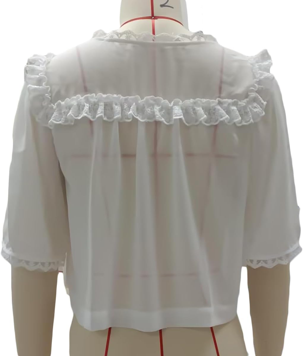 Women Chiffon Blouses Vintage Ruffle Hem Mesh Shirt Short Sleeve Button Down Babydoll Top Summer Y2k Going Out Tops - Image 7