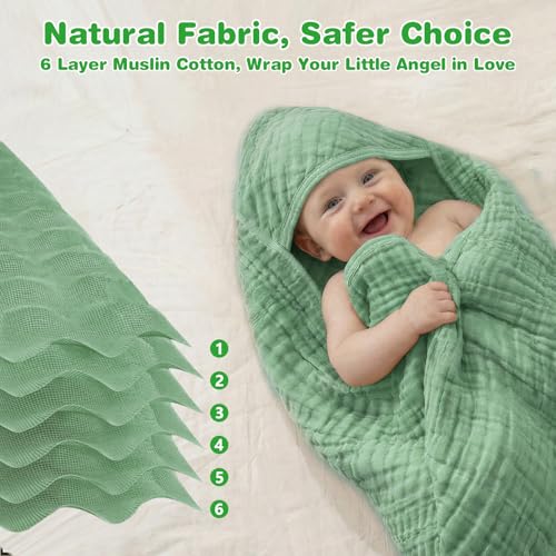 Image of Hooded Baby Bath Towels for Newborn, 2 Pack - 6-Layer 100% Muslin Cotton, Soft Absorbent Baby Towels with Hood for Babies, Infants & Toddlers, Large 32x32 Inch Unisex Newborn Baby Bath Essentials