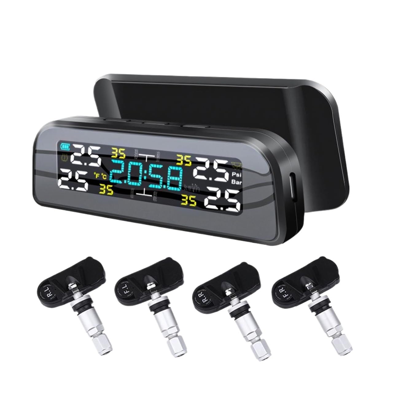 Tpms Sistema di monitoraggio della pressione dei pneumatici wireless universale Orologio a energia solare Display 4 sensori di pressione dei pneumatici esterni Pressione Pneumatici(External Sensor)