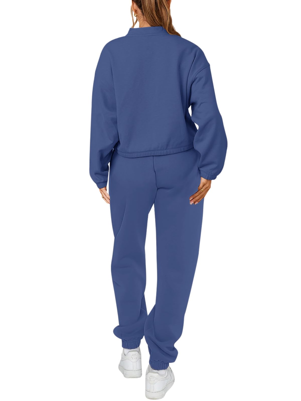 REORIA Tuta da donna in cotone con colletto alla coreana, a maniche lunghe, mezza cerniera, due pezzi, con tasca a marsupio, Blu scuro, XL
