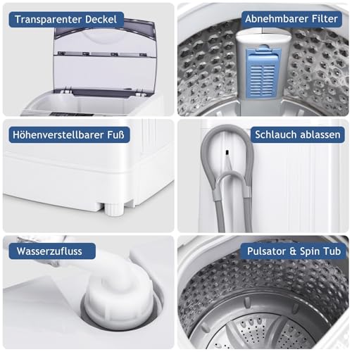 FANTASK Kleine wasmachine, bovenlader, volautomatische wasmachine, 310 W, 50 x 50 x 85 cm, mini-wasmachine met display, pomp en centrifuge voor appartement en camper, energieklasse B - Afbeelding 6