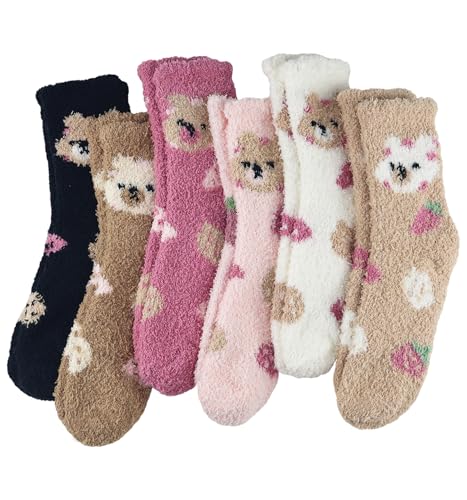 Lymeappse Fuzzy Socks for Women 6 Pairs Cozy Warm Fluffy Slipper Socks Plush Cute Bear Socks for Gifts & Stocking Stuffers