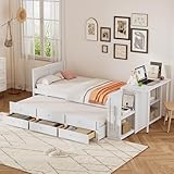 Harper & Bright Designs Twin Captain’s Bed with Trundle and Drawers, Hardwood Storage Daybed with Desk at The End of The Bed, for Kids Teens Adults - White