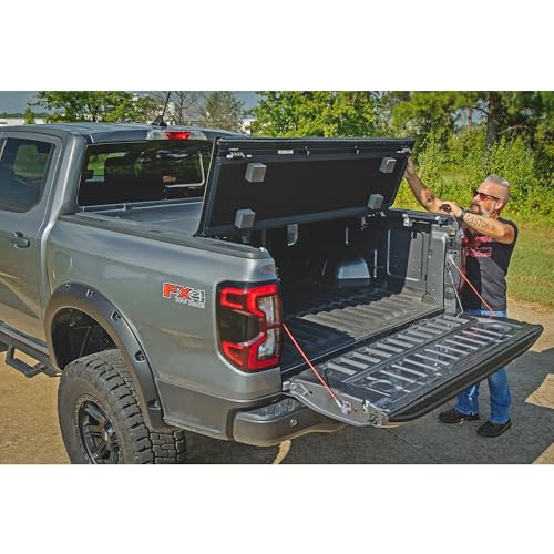 Image of Rough Country Hard Tri-Fold Tonneau Cover for Ford Ranger (2019-2023) - Low-Profile Aluminum Truck Bed Cover, Fits 5' Bed (61 inch)