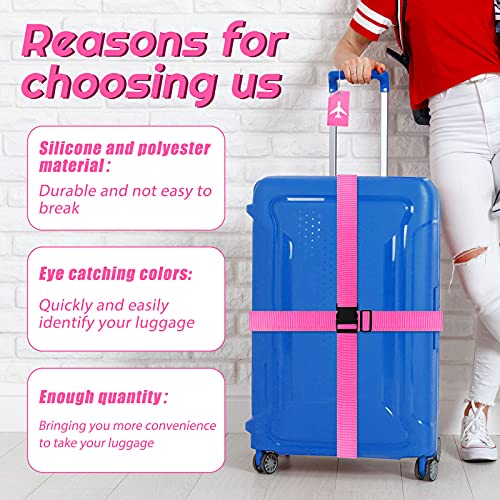 Image of Weewooday 8 Pcs Luggage Straps Suitcase Tags Set for TSA Approved, 4 Travel Adjustable Suitcase Belt, 4 Silicone Luggage Tags with Name ID Card Travel Accessories(Pink,Airplane)
